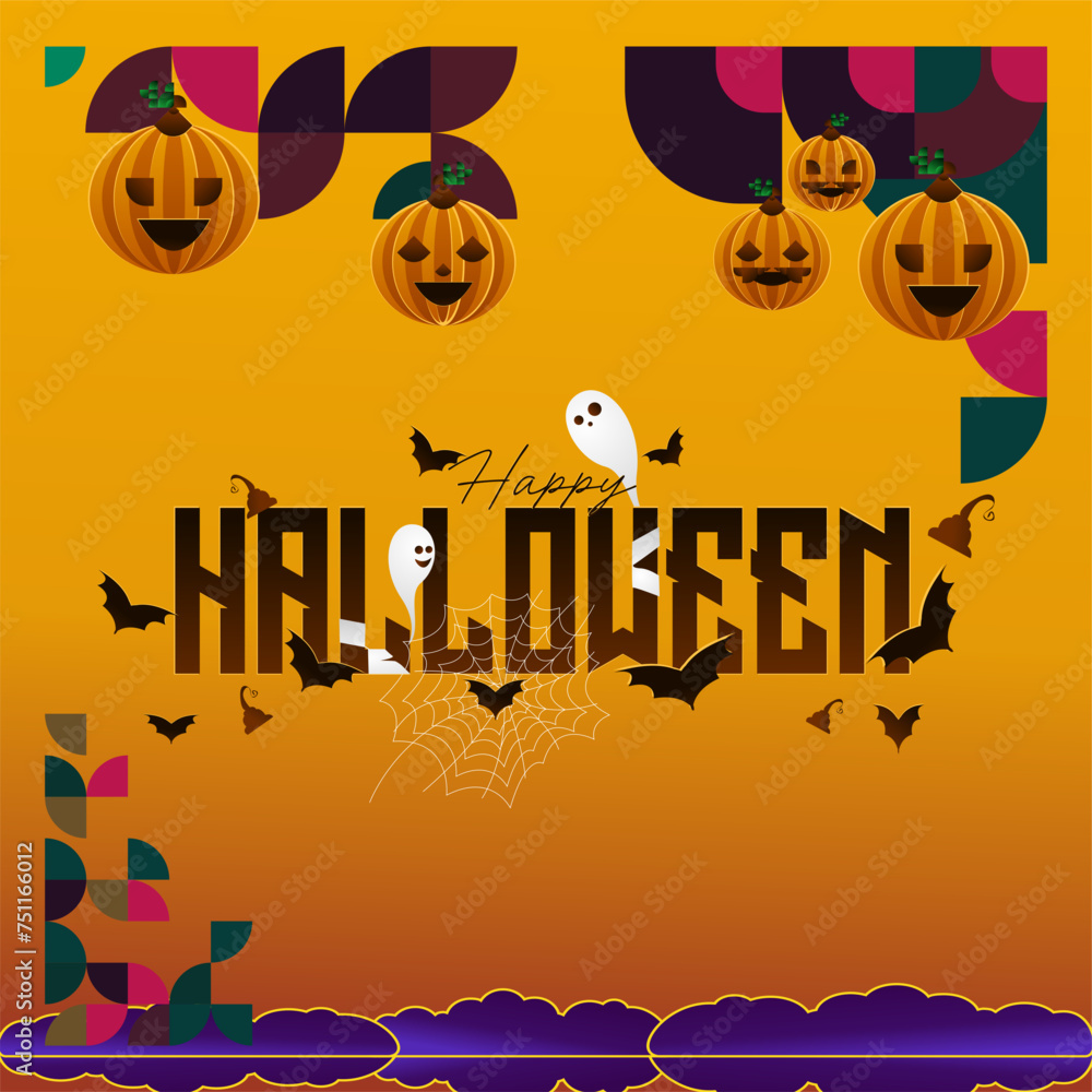 Happy Halloween banner in geometric style. Happy Halloween cover with pumpkins, spider webs and typography. Suitable for posters, greeting cards and party invitations for Halloween celebrations