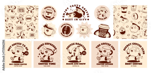 Retro coffee character. Cartoon bar and cafe drinks. Abstract funny espresso sticker, poster with 70s cappuccino cup, trendy seamless pattern with coffee beans. Vector set