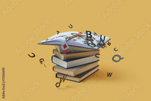 Pile of books with scattered black letters.