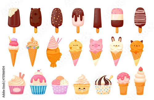 Ice cream. Cartoon different gelato flavors in cones, waffle, cups. Ice dessert with funny animal shape. Sweet vanilla scoop and chocolate popsicle for ice cream shop. Vector set