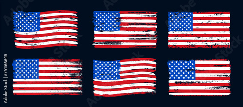 Grunge American flag. Graphic USA flags with stars and stripes and vintage texture. Holiday United States national flag in red, white, and blue color print. Culture symbols. Vector set