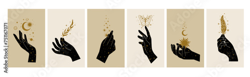 Mystical woman hands. Boho style esoteric and spiritual symbol. Doodle tattoo girl hand with stars. Alchemy objects, sun, moon, butterfly, floral branch. Vector set