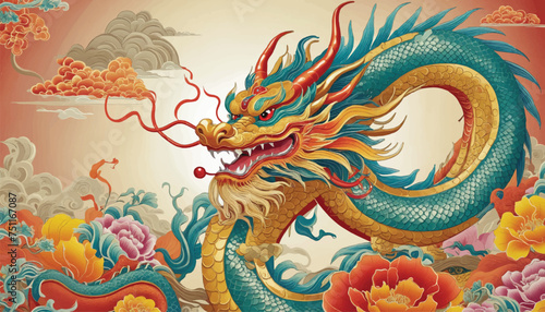 Vector Illustration Chinese dragon statue on the wall Art