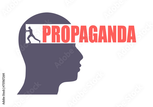 Ideology, agitation and propaganda concept illustration. Man pushing abstract wall and make tunnel inside head.