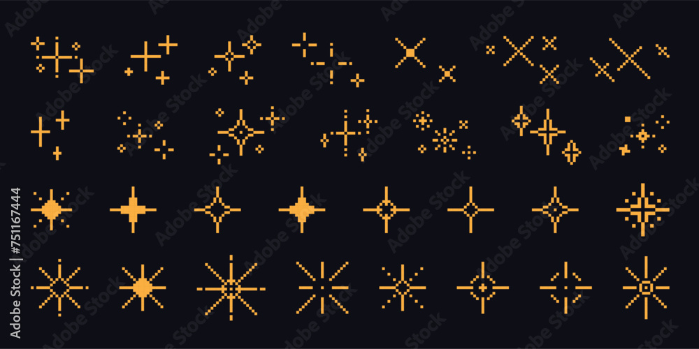Pixel art stars. Comic 8-bit game space light. Retro decorative night pixelated sparkling elements. Yellow and gold star and glitter for mobile games. Vector set Pixel art stars. Comic 8-bit game space light. Retro decorative night pixelated sparkling elements. Yellow and gold star and glitter for mobile games. Vector set