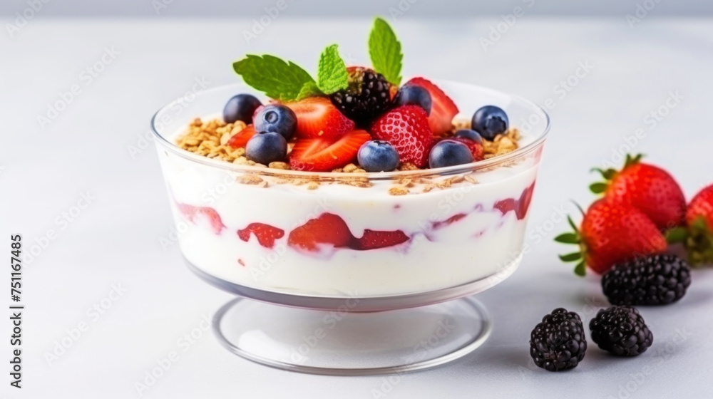 Homemade yogurt with berries and cereal on a blank background, with a space for copying. Delicious food. Generative AI Homemade yogurt with berries and cereal on a blank background, with a space for copying. Delicious food. Generative AI
