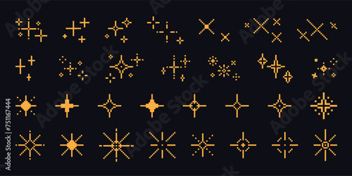 Pixel art stars. Comic 8-bit game space light. Retro decorative night pixelated sparkling elements. Yellow and gold star and glitter for mobile games. Vector set