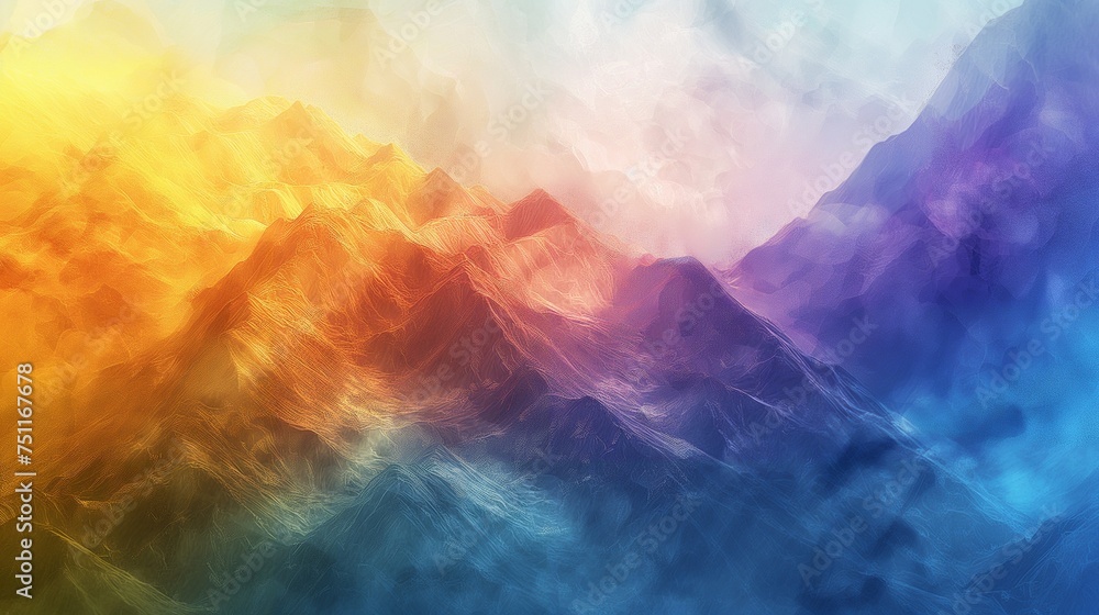 An abstract blend of vibrant colors in a surreal mountain landscape.