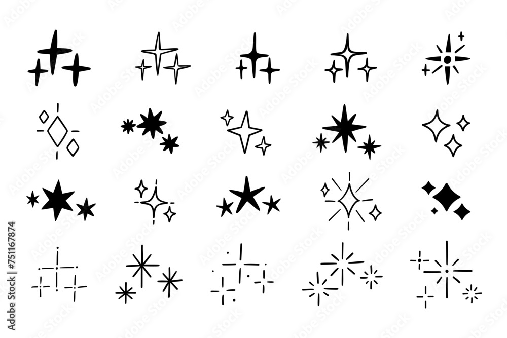 Line sketch star. Doodle scribble glitter and sparkles. Cartoon ink shine light icon. Hand drawn spark elements and group stars isolated on white background. Vector set Line sketch star. Doodle scribble glitter and sparkles. Cartoon ink shine light icon. Hand drawn spark elements and group stars isolated on white background. Vector set