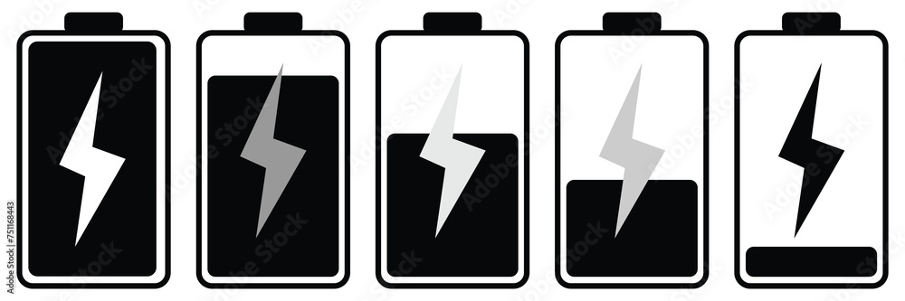 Battery set icon. Different level of charging, electricity, plus, minus, contacts, low and high charge level. Vector black set icon on a white background. Vector illustration. Eps file 79. Battery set icon. Different level of charging, electricity, plus, minus, contacts, low and high charge level. Vector black set icon on a white background. Vector illustration. Eps file 79.