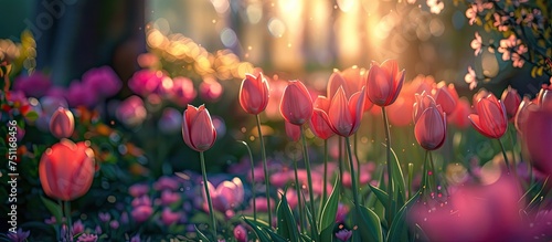 A vibrant field filled with pink tulips blooming alongside purple flowers. The colors blend together, creating a beautiful and colorful landscape. #751168456