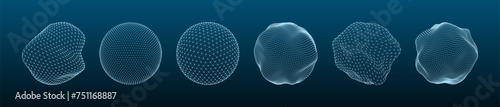 3D shapes mesh. Dotted sphere, line grid globe, stone asteroid wire structure. Polygonal abstract shapes for modern futuristic concept, HUD vector elements