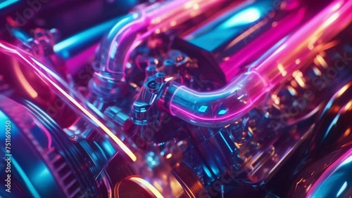 The camera focuses on the intricate details of a custom nitrous oxide system its neon tubing snaking and glowing as it pumps power into the engine. photo
