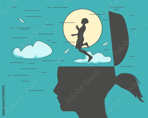 Escape from depressed mind. Exit or leave depression, anxiety or stressed lockdown concept. Woman fly away escape from his open head.