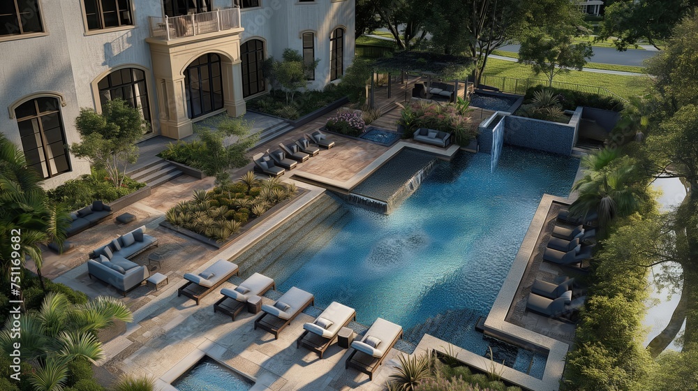An aerial perspective captures the grandeur of an expansive pool, where water features and upscale loungers create a luxurious outdoor retreat