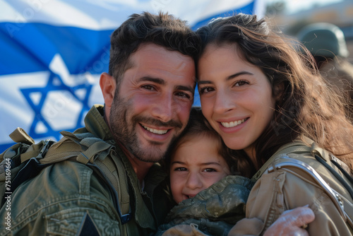 A military family hugs in front of the Israeli flag photo