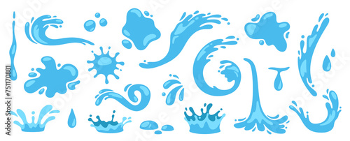 Water splash. Cartoon blue water drops, puddle, spray and waves. Nature object spatters, sputter, splashdown. Clean aqua motion concept. Vector set © Foxy Fox