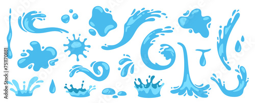 Water splash. Cartoon blue water drops, puddle, spray and waves. Nature object spatters, sputter, splashdown. Clean aqua motion concept. Vector set