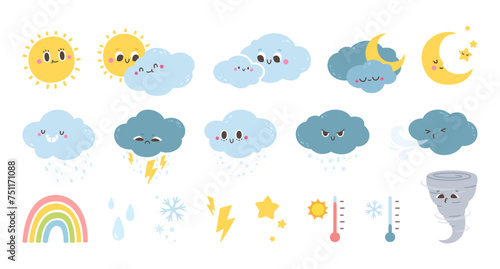 Weather forecast characters. Cute cartoon summer and winter signs, funny spring and fall icons. Night and day symbols, sun and moon. Vector collection