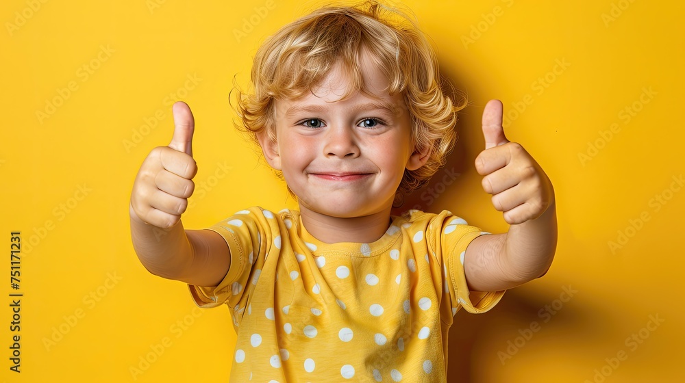 Child in yellow polka dot shirt giving thumbs up. Child in yellow polka dot shirt giving thumbs up.