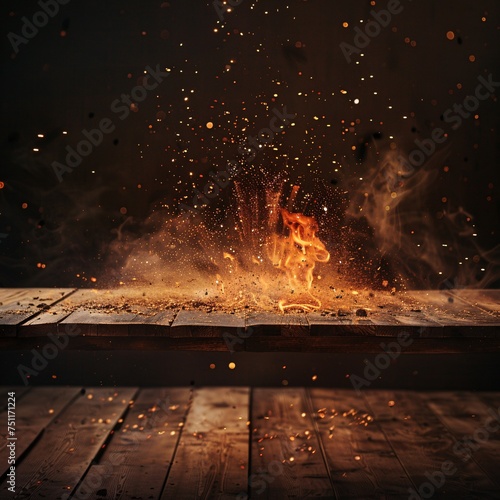 A wooden table with a dramatic fire burning at its edge, creating an intense backdrop for product display