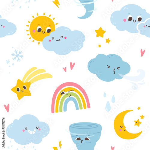 Seamless pattern cloud and sun. Background cartoon weather characters. Wallpaper with cute sunny cloudy sky, texture meteorology signs. Vector print