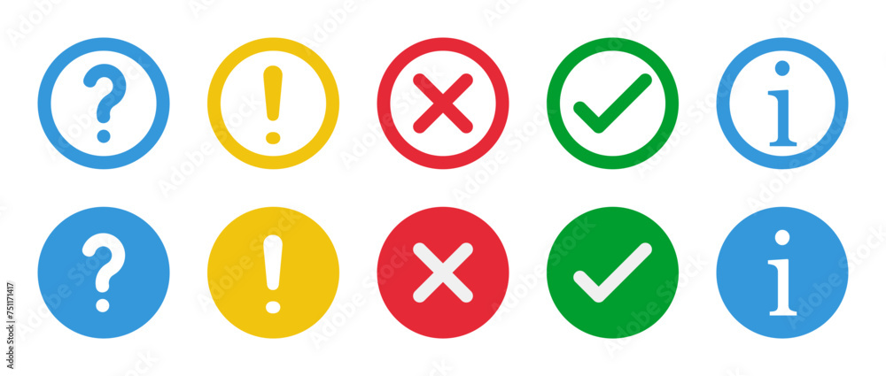 check box, question mark, exclamation point, information sign, round vector icons set check box, question mark, exclamation point, information sign, round vector icons set