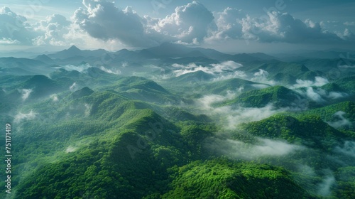 Nature, mountains and landscape background for green tourism, earth and eco friendly environment. Aerial view of the countryside and hill to explore, adventure or environment on a cloudy and blue sky 