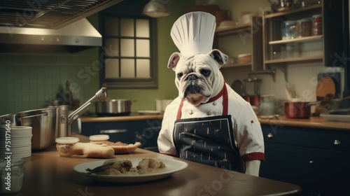 Dog chef cooks preparing food in restaurant kitchen. Animal chef