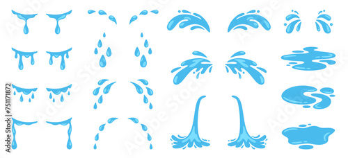 Dropping tears. Cry, wet eyes, streams teardrop. Shedding, sobbing, grieving tear. Sad emotion. Water blue drops. Rain splashes and fluid flows. Vector collection