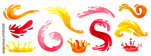 Juice splatter and splashes. Cartoon colorful squirt liquid. Abstract juicy splash, shape, spiral, waves. Fresh fruit juice, organic lemonade, citrus drinks. Vector set