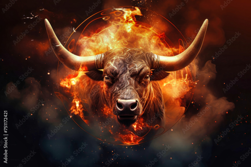 A bull with large horns stands stoically in the center of a blazing circle of fire, showcasing its strength and power