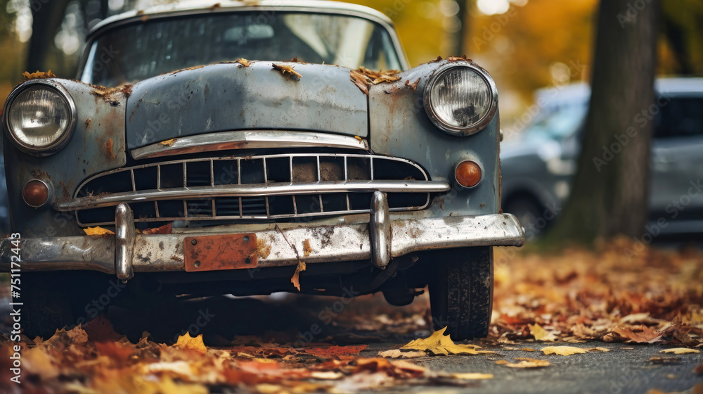 Fototapeta premium Old Car Parked on Side of Road