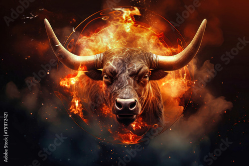 A bull with large horns stands stoically in the center of a blazing circle of fire, showcasing its strength and power © Anoo