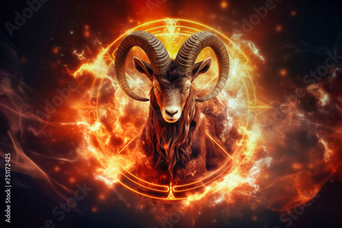 A ram with long, curved horns standing boldly in front of a crackling fire