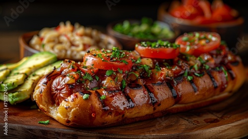 Chilean Typical Completo Food Hoy dog with tomato, avocado palta and mayonnaise Selective Focus 