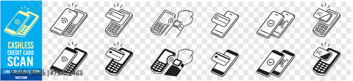 Cashless icon. cashless, Credit Card, Smartphone, payment, Barcode, POS, Security, Scan, QR code, NFC, Protection, sign Editable stroke Thin linear icon vector 