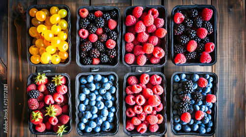 Assorted Fruit Trays on Table, Raspberries, Strawberries, Blackberries, Blueberries