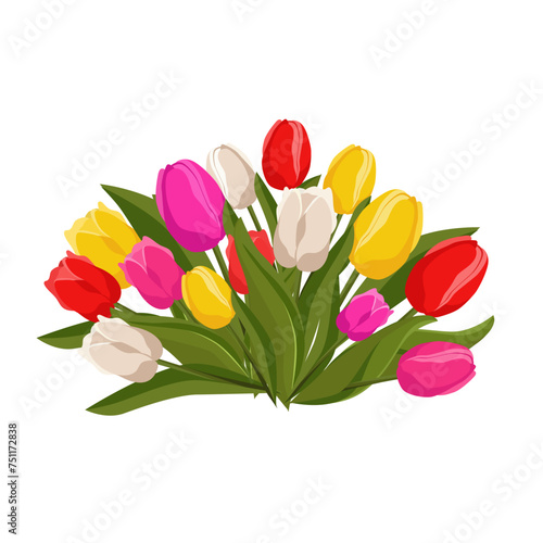 Spring bouquet with pink, red, white and yellow tulips. Vector template with flowers for design