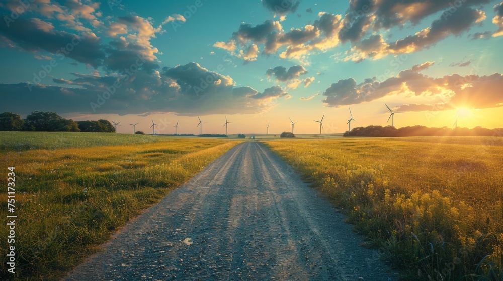 Long road on wind turbines produce electricity filed, Renewable green energy, save world concept