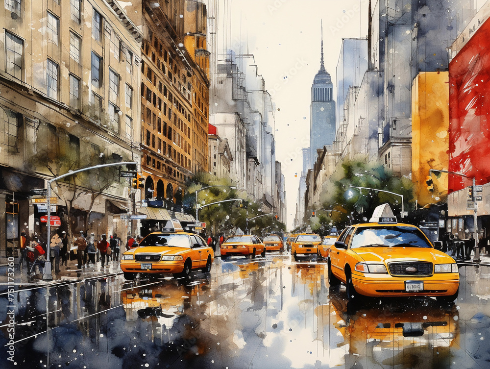 New York City street with taxi: watercolor art painting capturing urban ...