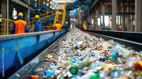 Conveyor Belt Filled With Plastic Bottles at Garbage Processing Plant