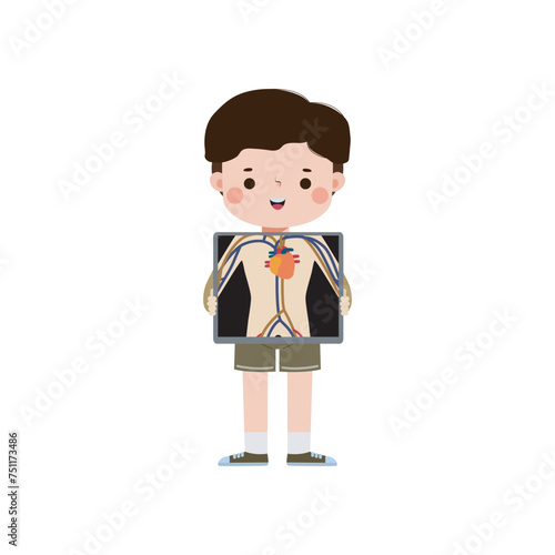 cute cartoon asian kid with x-ray screen showing internal organs and skeleton. x ray check bones kid, Element of educational infographics for kid Vector illustration isolated on white background