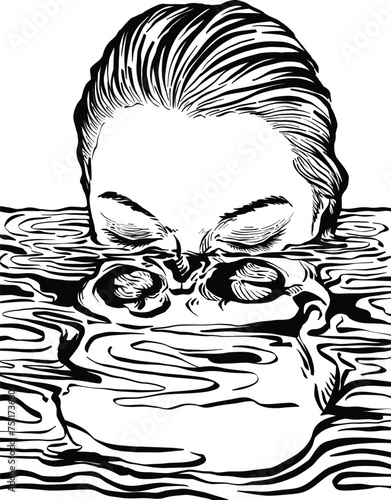 Lady is sinking into a water with skull reflection on water