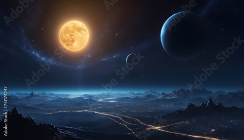 an alien landscape with two planets and mountains