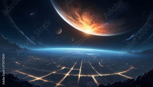 an alien planet and city in space