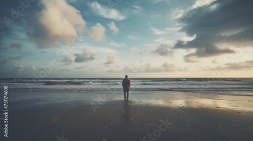 A rear view from afar of a lonely man at the beach watching the seascape, waves at sunset. Travel, Nature, Ocean concepts.