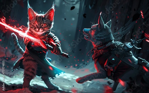 A cat wielding an energy sword on the left faces off against a dog with a photon blaster on the right intense combat stance photo