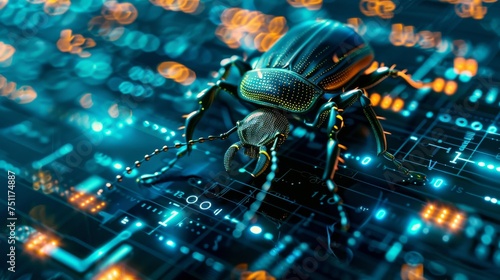 A digital rendering of a bug like a beetle or a spider crawling across a computer screen symbolizing a software bug in a playful yet direct manner photo