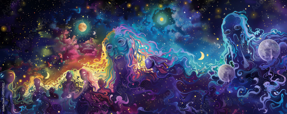 A festival where spirits from folklore gather wearing masks of the moon dancing under a supernatural aurora A festival where spirits from folklore gather wearing masks of the moon dancing under a supernatural aurora